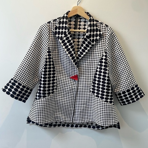 IC By CONNIE K Women's Black White Polka Dot jacket blazer S Red Button - Picture 1 of 14